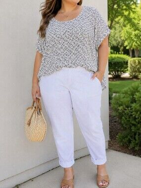 Penningtons Plus Size Black White Scoop Neck Tunic Top Cotton Blend Short Sleeve